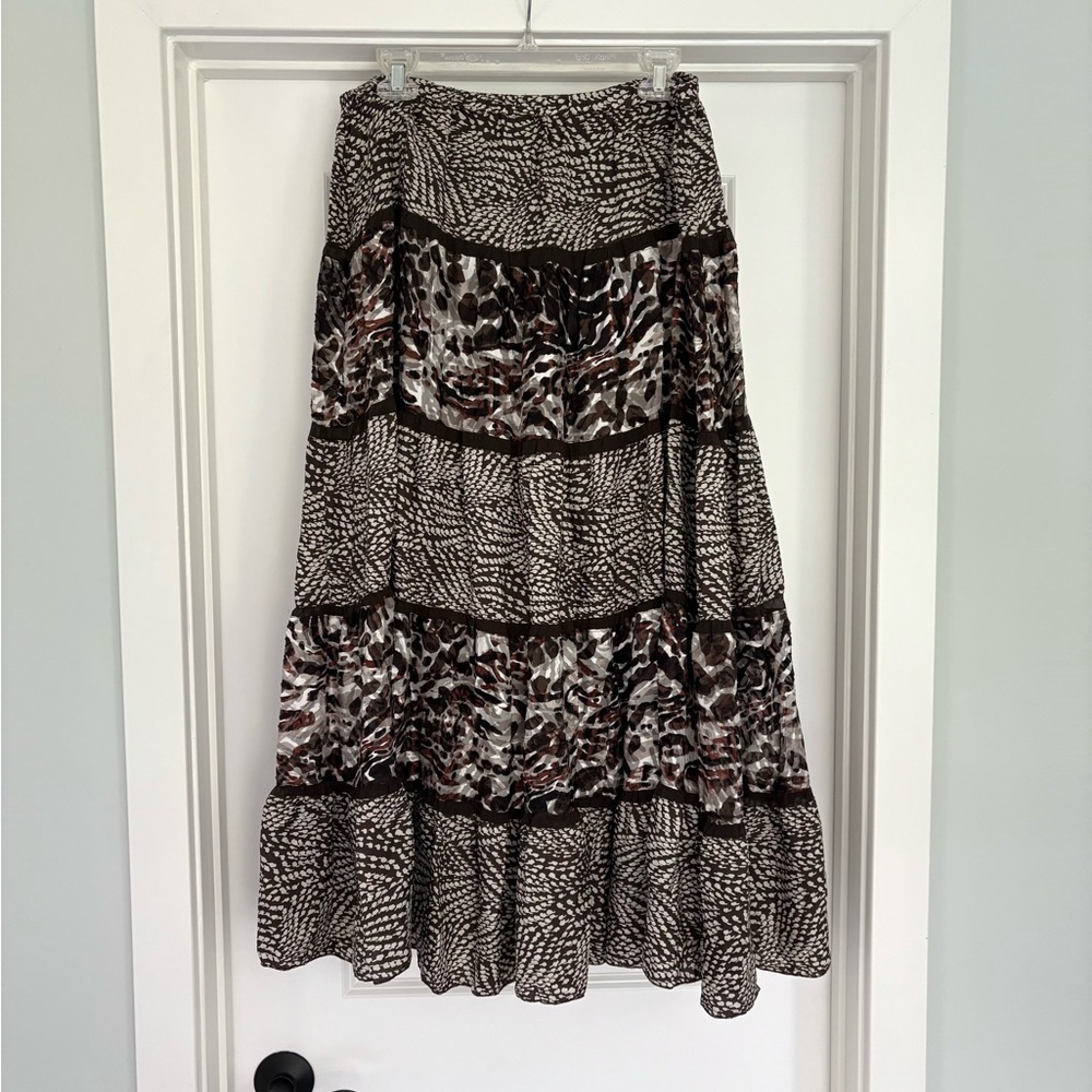 Chico’s Leopard Silk Tiered Brown Patchwork Skirt S/0